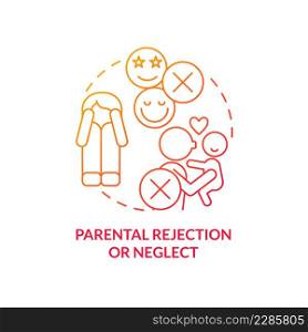 Parental rejection and neglect red gradient concept icon. Withdrawal of love, warmth. Risk factors abstract idea thin line illustration. Isolated outline drawing. Myriad Pro-Bold fonts used. Parental rejection and neglect red gradient concept icon