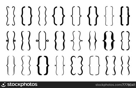 Parenthesis text brackets, curly, round, square, elegant frame. Isolated vector punctuation marks of black parentheses, calligraphy figured elements of curly bracket and brace frames. Parenthesis text brackets, curly and round frame