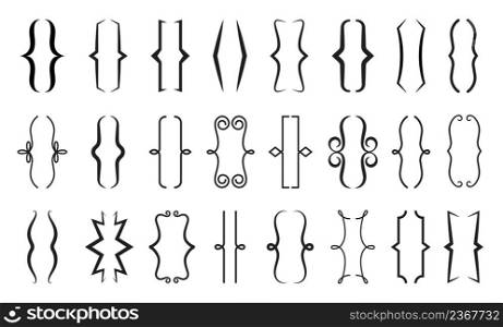 Parenthesis text brackets, typography vintage symbols and alphabet punctuation characters. Curly, rectangular and rounded dividers, decoration elegant vector elements or line braces. Parenthesis text brackets, punctuation symbols