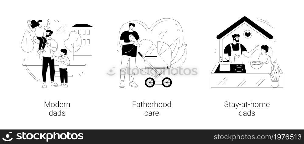 Parenthood abstract concept vector illustration set. Modern dads, fatherhood care, stay-at-home dads, happy kid family, fathers day, breadwinner mom, parental leave, domestic work abstract metaphor.. Parenthood abstract concept vector illustrations.