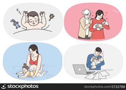 Parenthood and happy childhood concept. Set of babies toddlers infants sleeping swimming in sea eating milk and communicating with parents vector illustration. Parenthood and happy childhood concept