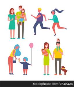 Parenthood family and couple icons set. Mother and son holding air balloon, people running jogging. Parents holding daughter with ice cream vector. Parenthood Family and Couple Vector Illustration