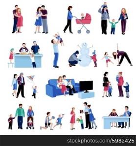 Parenthood family situations flat icons set. Parenting activities flat icons set with mother father children home and outdoor situations abstract isolated vector illustration