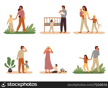 Parenthood problems. Crying child and tired parents, exhausted dad and kids want attention from mother. Isolated vector illustration icons set. Parenthood problems. Crying child and tired parents, exhausted dad and kids want attention from mother vector illustration set