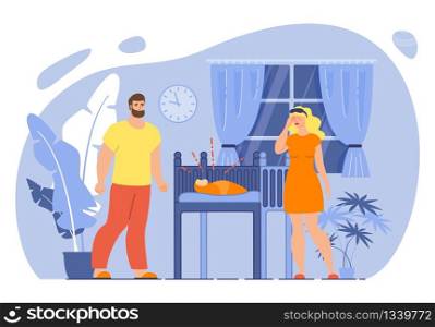 Parenthood Stress and Fatigue, Infant Sleep Problems Concept. Tired, Exhausted Father and Mother Characters, Sleepy Couple Standing near Bed with Crying Child at Night Trendy Flat Vector Illustration