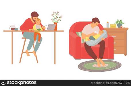 Parenting and caring for children vector, father feeding newborn baby with milk from bottle, dad sitting by table with toddler wearing bib flat style. Father Feeding Newborn Baby and Toddler Kid Set