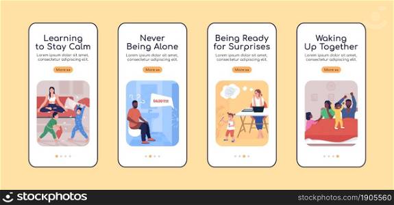 Parenting challenges onboarding mobile app screen flat vector template. Walkthrough website 4 steps with characters. Creative UX, UI, GUI smartphone cartoon interface, case prints set. Parenting challenges onboarding mobile app screen flat vector template