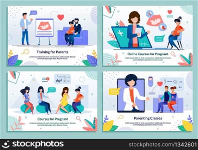 Parenting Classes and Lesson for Pregnant. Maternity Educative Training Courses Advertising Banner Set. Online Support for Future Parents. Woman Fitness during Pregnancy. Vector Cartoon Illustration. Parenting Classes, Lesson for Pregnant Banner Set