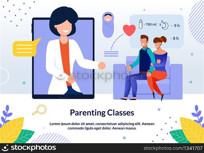 Parenting Classes, Online Seminar for Future Parents Trendy Flat Vector Advertising Banner, Promo Poster Template with Waiting Childbirth Couple Taking Advices of Pregnancy Expert Online Illustration