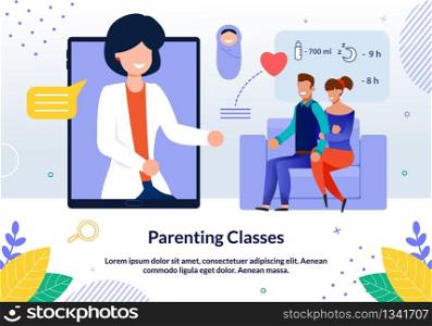 Parenting Classes, Online Seminar for Future Parents Trendy Flat Vector Advertising Banner, Promo Poster Template with Waiting Childbirth Couple Taking Advices of Pregnancy Expert Online Illustration