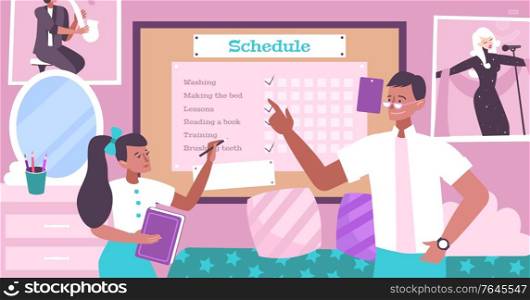 Parenting flat background with father who makes up schedule for his daughter vector illustration