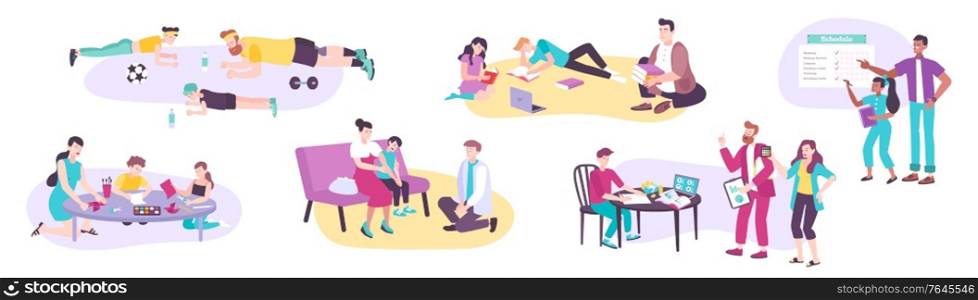 Parenting flat icons set of family members spending time together playing studying doing fitness exercises isolated vector illustration