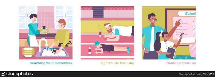 Parenting flat illustrations set of day planning teaching to do homework sports training vector illustration