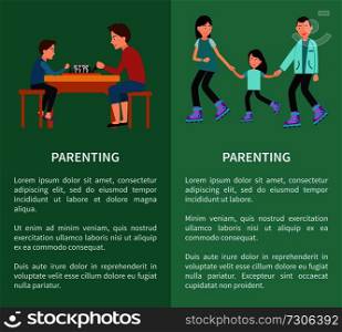 Parenting posters set father and son playing chess, family roller skating together vector posters happy childhood concept free time with parents. Father and Son Playing Chess Family Roller Skating