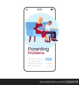 Parenting problem cartoon smartphone vector app screen. Psychology consultation. Family difficulties. Mobile phone display with flat character design mockup. Application telephone cute interface