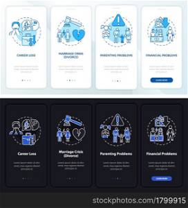 Parenting problems onboarding mobile app page screen. Marriage crisis walkthrough 4 steps graphic instructions with concepts. UI, UX, GUI vector template with linear night and day mode illustrations. Parenting problems onboarding mobile app page screen