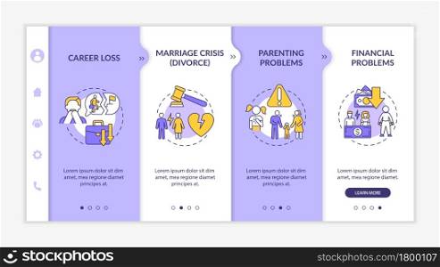 Parenting problems onboarding vector template. Career loss. Responsive mobile website with icons. Web page walkthrough 4 step screens. Midlife crisis color concept with linear illustrations. Parenting problems onboarding vector template