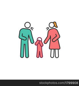 Parenting problems RGB color icon. Parents swear and child suffer. Marriage crisis. Adulthood psychology. Family conflict. Emotional distress. Isolated vector illustration. Simple filled line drawing. Parenting problems RGB color icon
