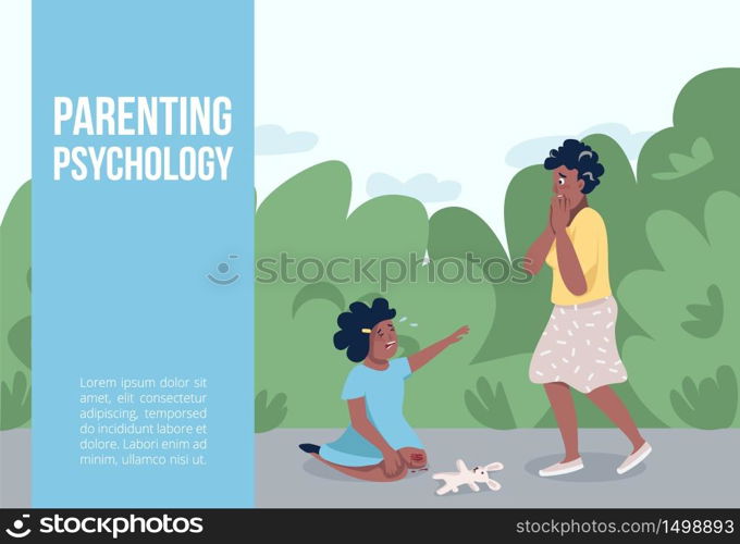 Parenting psychology banner flat vector template. Parenthood stress management brochure, poster concept design with cartoon characters. Childcare advice horizontal flyer, leaflet with place for text. Parenting psychology banner flat vector template