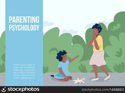 Parenting psychology banner flat vector template. Parenthood stress management brochure, poster concept design with cartoon characters. Childcare advice horizontal flyer, leaflet with place for text. Parenting psychology banner flat vector template