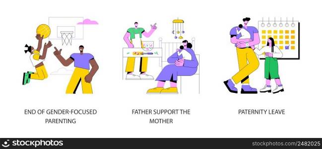 Parenting role abstract concept vector illustration set. End of gender-focused parenting, father supports mother, paternity leave, newborn child, working dad, home office abstract metaphor.. Parenting role abstract concept vector illustrations.