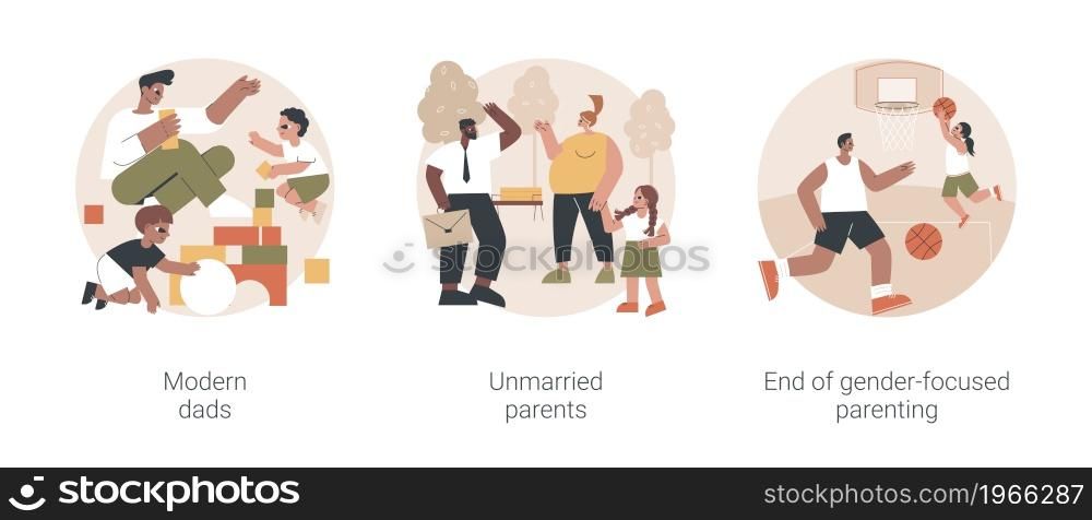 Parenting roles abstract concept vector illustration set. Modern dads, unmarried parents, end of gender-focused parenting, gender equality, active family, partners living together abstract metaphor.. Parenting roles abstract concept vector illustrations.