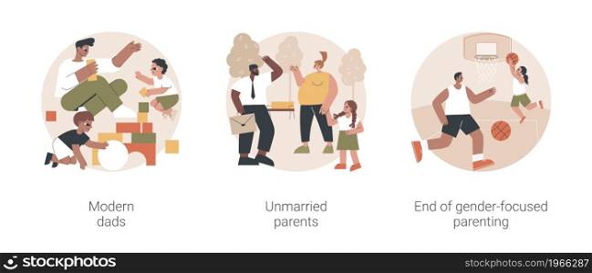 Parenting roles abstract concept vector illustration set. Modern dads, unmarried parents, end of gender-focused parenting, gender equality, active family, partners living together abstract metaphor.. Parenting roles abstract concept vector illustrations.