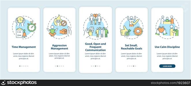 Parenting tips for ADHD onboarding mobile app page screen. Time management walkthrough 5 steps graphic instructions with concepts. UI, UX, GUI vector template with linear color illustrations. Parenting tips for ADHD onboarding mobile app page screen
