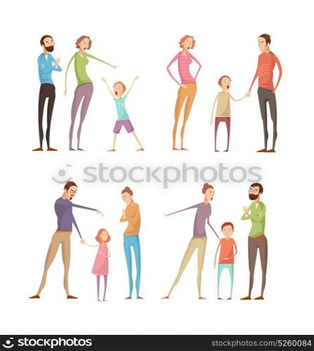Parents Abusing Child Compositions. Set of four isolated adults abuse children compositions with flat characters of quarreling parents and kids vector illustration