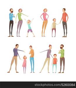 Parents Abusing Child Compositions. Set of four isolated adults abuse children compositions with flat characters of quarreling parents and kids vector illustration