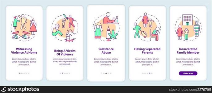 Parents adverse behavior that impacts kids onboarding mobile app screen. Walkthrough 5 steps graphic instructions pages with linear concepts. UI, UX, GUI template. Myriad Pro-Bold, Regular fonts used. Parents adverse behavior that impacts kids onboarding mobile app screen
