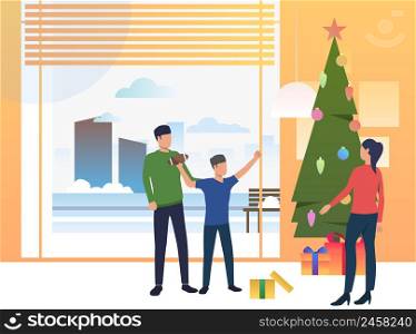 Parents and child giving Xmas gifts. Decorated tree, boy, present. Christmas concept. Vector illustration can be used for topics like Xmas, holiday, family