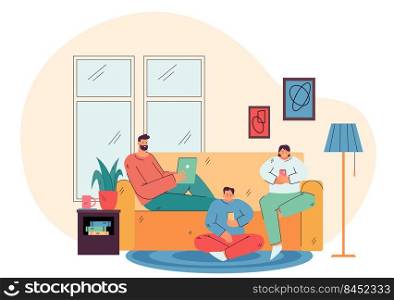Parents and child holding their cellphones and tablet at home, chatting online on social media. Vector illustration for internet dependence, addicted users, wireless communication concept