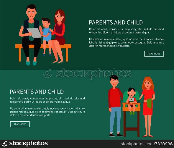 Parents and child web posters set family mother father and son sit on bench and watch boys grades, child eat meal in baby chair vector illustrations. Parents and Child Web Posters Family Mother Father