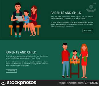 Parents and child web posters set family mother father and son sit on bench and watch boys grades, child eat meal in baby chair vector illustrations. Parents and Child Web Posters Family Mother Father