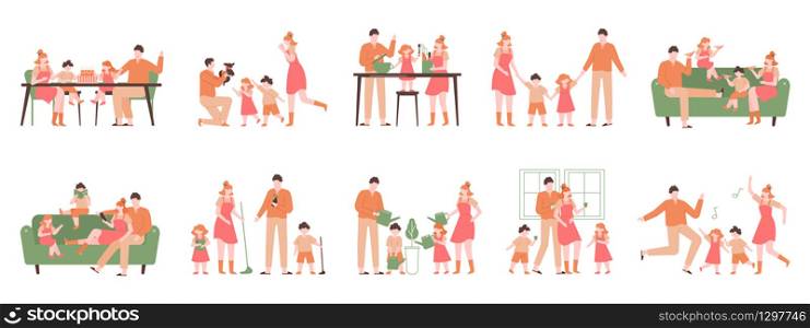 Parents and children at home. Family indoor activity, happy dad, mom and kids playing, cooking, dancing. Happy family vector illustration set. Parent and family activity at home. Parents and children at home. Family indoor activity, happy dad, mom and kids playing, cooking, dancing. Happy family vector illustration set