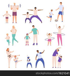 Parents and children doing sport. Father and son play football, mother and daughter do fitness exercise. Family physical activity vector set. Active and healthy lifestyle, leisure time. Parents and children doing sport. Father and son play football, mother and daughter do fitness exercise. Family physical activity vector set