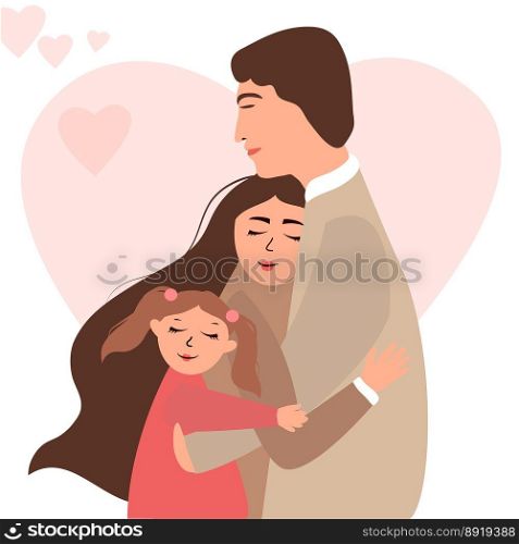 Parents and children embracing together. Happy Stable family of try members father, mother, and daughter. Cute cartoon characters isolated on heart background.. Parents and children embracing together. Happy Stable family of try members father, mother, and daughter. Cute cartoon characters isolated on heart background
