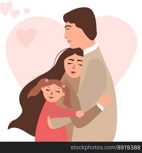 Parents and children embracing together. Happy Stable family of try members father, mother, and daughter. Cute cartoon characters isolated on heart background.. Parents and children embracing together. Happy Stable family of try members father, mother, and daughter. Cute cartoon characters isolated on heart background