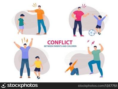 Parents and Children Family Conflict Flat Set. Angry Father and Naughty Son. Dad Dissatisfied with Child Disobedience Shouting, Yelling, Scolding. Ashamed Scared Boy. Vector Illustration. Parents and Children Family Conflict Flat Set