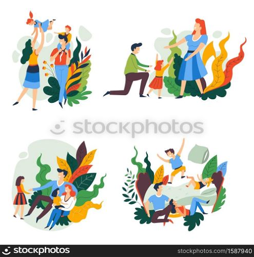 Parents and children, family pastime isolated abstract icons vector. Father, mother and kids playing or jumping on bed, brother and sister, son and daughter. Love and care, married couple and siblings. Family isolated icons, parents and children, playing or having fun