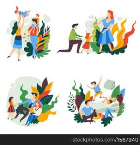 Parents and children, family pastime isolated abstract icons vector. Father, mother and kids playing or jumping on bed, brother and sister, son and daughter. Love and care, married couple and siblings. Family isolated icons, parents and children, playing or having fun