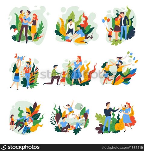 Parents and children family pastime isolated abstract icons vector father mother and kids playing and walking air balloons jumping on bed and pillow fight brother and sister son and daughter. Family pastime parents and children isolated abstract icons