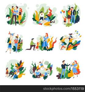 Parents and children family pastime isolated abstract icons vector father mother and kids playing and walking air balloons jumping on bed and pillow fight brother and sister son and daughter. Family pastime parents and children isolated abstract icons