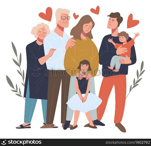 Parents and children, mom and dad with toddler and preschool girl. Man and woman with grandfather and grandmother. Family portrait and happy moments of parenthood and childhood. Vector in flat style. Family portrait, happy parents and children vector