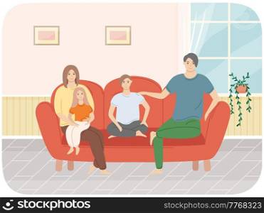 Parents and children relaxing in apartment. Family spend time together in living room. Interior design sitting-room. Daughter, mom, dad and son are resting at home. Joint pastime with relatives. Parents and children relaxing at home. Family spend time together in living room vector illustration