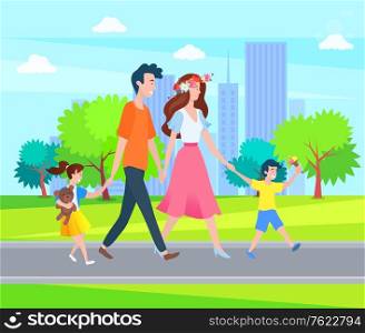 Parents and children spend time outdoors. Happy family, mother, father and kids walking together in city park, springtime scenery landscape, bench and trees. Parents and Children Spend Time Outdoors, Family