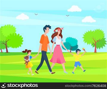 Parents and children spend time outdoors. Happy family, mother, father and kids walking together in city park, springtime scenery landscape, bench and trees. Flat cartoon. Parents and Children Spend Time Outdoors, Family