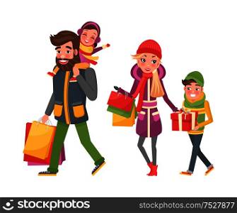Parents and children with bags full of presents on Christmas and New Year, gift boxes, vector. Happy family mother, father, daughter and son on shopping. Parents and Children, Bags Full of Xmas Presents