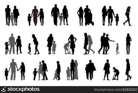 Parents and children with pram Silhouette Vector Illustration